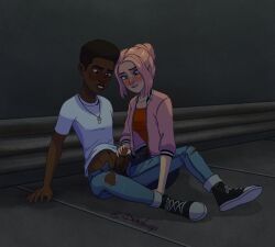 1boy 1girls biting_lip blush blush_lines blushing brooklynn_(jurassic_world) clothed cross-eyed damnlounge darius_(jurassic_world) dark-skinned_male dick dyed_hair female freckles glans_stimulation green_eyes handjob interracial jacket jeans jurassic_park jurassic_world jurassic_world_camp_cretaceous looking_at_penis on_the_floor penis penis_grasp pink_clothing pink_hair pink_jacket ripped_pants sewer sneakers t-shirt tank_top unzipped_pants