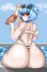 1girls ass ass_bigger_than_head ayanami_rei back_view big_ass big_breasts bikini blue_hair breasts clothed female goggles goggles_on_head hot_dog huge_ass knightartist115 looking_at_viewer looking_back neon_genesis_evangelion red_eyes rei_ayanami skindentation sweat sweaty swimsuit voluptuous