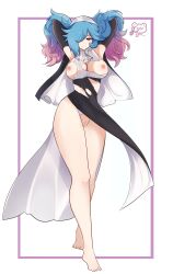 1girls absurdres artist_name blue_hair damaged_clothes exposed_breasts exposed_pussy female female_only fire_emblem fire_emblem_fates hair_over_one_eye highres large_breasts light-skinned_female light_skin looking_at_viewer louisesait multicolored_hair nintendo nun nun's_habit nun_outfit peri_(fire_emblem) pink_hair plain_background pussy red_eyes shaved_pussy smile solo twintails watermark white_background