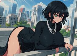 1girls ai_generated bent_over big_ass big_breasts black_dress dress fubuki_(one-punch_man) green_eyes green_hair hi_res jewelry large_ass large_breasts leaning_forward mabi_ai necklace one-punch_man short_hair side_slit thick_thighs wide_hips