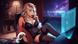 16:9 1futa 2023 5_fingers alexa_neon anthro artist_logo balls blonde_hair blue_eyes blush book bracelet breasts casual casual_nudity chair chastity_cage chastity_device city city_background clothing coffee_cup color_contrast colored_nails computer container cup cyberpunk desk dickgirl digital_media_(artwork) drapes equid equine fingers furniture futa_only futanari genitals gold_(metal) gold_chastity_cage gold_chastity_device gynomorph hair hi_res holographic_screen horse illegible_text ineffective_clothing intersex jewelry lamp legwear lingerie lingerie_panties lipstick logo long_hair lounging makeup mammal mika_neonova nails night office_chair one_leg_up panties penis photo raised_leg sky solo star starry_sky stockings table thigh_highs thinking trans_woman transfem translucent translucent_clothing underwear widescreen