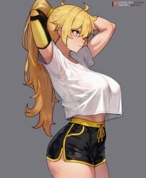 1girls arms_behind_back arms_behind_head arms_up blonde_hair bluefield booty_shorts breasts female female_only human large_breasts long_hair prosthetic prosthetic_arm purple_eyes robotic_arm rwby short_shorts shorts solo sweat sweaty_body yang_xiao_long