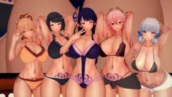 5girls aka-sa areolae armpits arms_behind_back big_breasts big_thighs bikini blush bodily_fluids breasts cleavage female female_only genshin_impact huge_breasts huge_thighs kamisato_ayaka koikatsu kujou_sara large_breasts large_thighs multiple_girls navel nipple_bulge pubic_tattoo raiden_shogun sweat swimsuit tattoo thick_thighs thighs voluptuous yae_miko yoimiya_(genshin_impact)