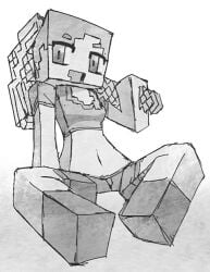 alex_(minecraft) black_and_white crae feet_together feet_together_knees_apart holding_weapon knees_apart_feet_together looking_at_viewer minecraft mojang monochrome pickaxe pickaxe_(minecraft) short_sleeves sketch spread_legs spreading square_head weapon_on_shoulder weapon_over_shoulder