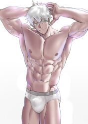 1boy abs bara blue_eyes boxers bulge_through_clothing jujutsu_kaisen male male_only muscular_male pecs satoru_gojo solo suyohara underwear