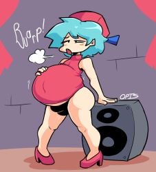 1boy 2023 artist_name belly black_panties blue_hair boyfriend_(friday_night_funkin) bulge burp burping crossdressing dress femboy femboyfriend friday_night_funkin hat heels high_heels huge_belly implied_vore large_belly male male_pred newgrounds opis oral_vore panties vore