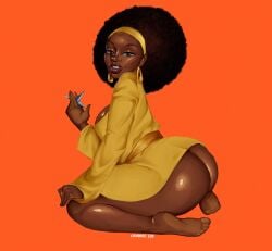 afro ass barefoot big_ass big_breasts black_dynamite breasts dark-skinned_female dark_skin dress earrings female hairband honey_bee_(black_dynamite) kneeling large_ass orangeluxx weapon