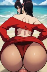 1boy 1girls ai_generated anime_style ass back_view beach beach_sex big_ass big_breasts blush brown_hair clothed_sex clothes dick fat_ass female fucked_from_behind hair_band looking_at_viewer looking_back male panties panties_aside penetration possible_ai pov pov_male red_eyes red_panties sitting_on_penis skirt skirt_lift skirt_up spy_x_family sweater thick_ass tight_panties unknown_artist unknown_male vaginal_penetration vaginal_sex yor_briar yor_forger