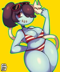 1girls bikini female hair_over_one_eye readraws reahmi skullgirls solo squigly striped_bikini swimsuit thick_thighs zombie_girl