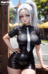 ai_generated big_breasts blue_eyes breasts female female_only fit_female jujutsu_kaisen large_breasts long_hair looking_at_viewer mei_mei_(jujutsu_kaisen) outdoors ponytail seductive_look shirt shorts stable_diffusion supr3metr white_hair wide_hips