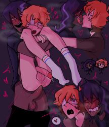 bigsyo boyfriends dark-skinned_male dark_hair dark_purple_hair eye_patch eyes_rolling_back gay gay_anal gay_sex holding holding_legs holding_up killer no_pants oc orange_hair original original_characters pants_around_ankles precum purple_hair red_hair shirts smile smiling socks stalker tongue tongue_kiss white_skin