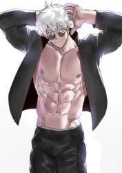 1boy abs jujutsu_kaisen looking_over_eyewear looking_over_glasses looking_over_sunglasses male male_only muscular_male pecs pose satoru_gojo solo sunglasses suyohara tinted_eyewear