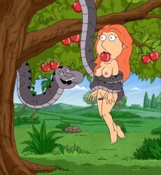 accurate_art_style blackzacek completely_nude_female constriction family_guy glenn_quagmire lois_griffin mouthful red_hair snake