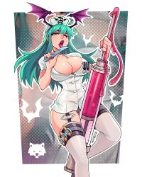 1girls alternate_costume aqua_hair bat_wings black_wings cleavage clothing darkstalkers giant_syringe green_eyes green_hair hi_res high_resolution high_socks highres hourglass_figure josephwolf large_breasts licking licking_object lingerie morrigan_aensland necklace nurse nurse_cap nurse_uniform purple_lipstick scalpel socks stockings succubus syringe vampire_(game)