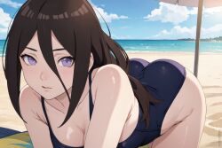 1girls ai_generated all_fours ass beach bending_over bent_over big_ass blush blush_lines boruto:_naruto_next_generations brown_hair female female_only hyuuga_hanabi looking_at_viewer minusleto naruto naruto_(series) one-piece_swimsuit outdoors seaside solo stable_diffusion swimsuit tight_swimsuit voluptuous