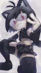 :3 belly belly_button big_eyes black_hair black_leggings blank_background cat_ears cat_girl cat_humanoid cat_tail catboy catgirl choker crae fingerless_gloves goth goth_girl hand_on_hip kneeling kneeling_female leggings long_gloves looking_at_viewer neco-arc on_one_knee peace_sign plain_background presenting shoulderless_shirt spiked_collar spread_legs spreading white_background white_body white_skin