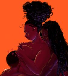 1boy 2girls afro big_breasts bisexual_(female) black_hair black_on_black breasts chubby chubby_female dark-skinned_female dark-skinned_male dark_skin ebony female ffm ffm_threesome groping_breasts hear hug hugging_from_behind kissing large_breasts long_hair lying_on_person male nose_piercing nude nude_female orangeluxx smile threesome throuple