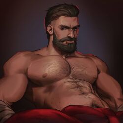 1boy 2021 abs bara barazoku beard biceps big_bulge bulge bulge_through_clothing clothing david_king dbd dead_by_daylight erection_under_clothes facial_hair gay hairy hairy_chest hi_res highres huge_bulge looking_at_viewer male male_focus male_nipples male_only male_pubic_hair manly muscles muscular muscular_arms muscular_male nipples seupil_hyugo_(spirohugo) solo solo_male