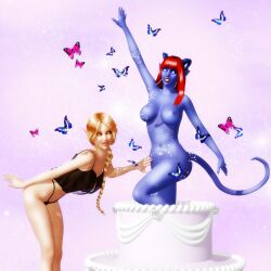 2girls 3d bent_over big_breasts blizzard_entertainment blonde_hair blood_elf blue_skin draenei flamelight original_character red_hair shareel warcraft world_of_warcraft