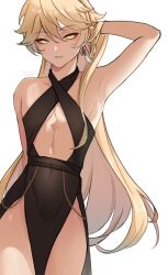 aether_(genshin_impact) black_dress blonde_hair crossdressing dress femboy gay genshin_impact hoyoverse long_hair long_hair_male looking_at_viewer male_in_dress male_only mihoyo solo trap twink viewer_pov yaoi