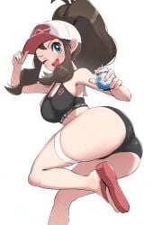 1girls ass blue_eyes breasts brown_hair female female_only game_freak gonzarez hilda_(pokemon) huge_ass large_breasts light-skinned_female light_skin long_hair nintendo pokemon pokemon_bw simple_background solo solo_female thick_thighs