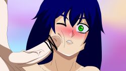 absurdres blue_hair censored cute erection faceless_male female green_eyes hari_(tomiaf) hari_akeyo highres imminent_oral oc oral original_character penis rubbing_penis surprised surprised_expression tomiaf yume_no_tenshi