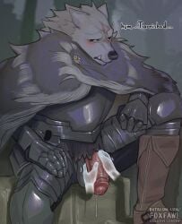 1boy 2023 anthro armor balls balls_outline barazoku biped blaidd_(elden_ring) bodily_fluids canid canine canis cape cloak clothed clothing dark_fur digital_drawing_(artwork) digital_media_(artwork) dripping elden_ring english_text flaccid foxfawl fromsoftware fur furry gay genital_fluids genitals glans grey_body grey_fur half-erect hand_on_penis hi_res highres humanoid_genitalia humanoid_penis male male_focus male_only mammal manly masturbation penis precum precum_drip scar solo solo_male teeth text touching_penis vein veiny_penis wolf