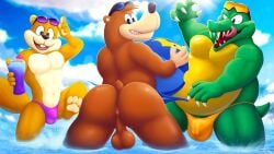 16:9 3boys anthro anus ass assisted_exposure balls banjo-kazooie banjo_(banjo-kazooie) bear bulge clothing conker conker's_bad_fur_day crossover diddy_kong_racing donkey_kong_(series) eyewear eyewear_on_head gay genitals group hi_res k_rool kremling male male_only mammal nintendo outside rareware rodent scalie sciurid speedo sunglasses sunglasses_on_head swimwear tree_squirrel trio video_games water widescreen ximorexx yaoi