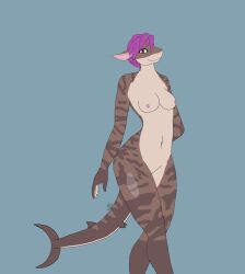 anthro blue_background brown_body female fish genitals ggpro hair hand_behind_back hi_res marine purple_eyes purple_hair shark shark_tail simple_background solo solo_focus