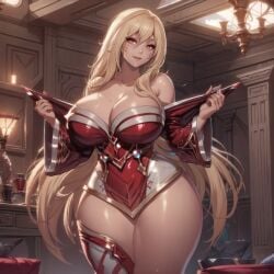 ahri ai_generated big_breasts blonde_hair cixf dress huge_breasts league_of_legends red_dress riot_games thick_thighs