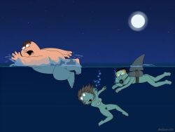 blackzacek completely_nude family_guy female glenn_quagmire lois_griffin ocean partially_submerged partially_underwater_shot peter_griffin pubic_hair scared sea skinny_dipping swimming underwater water