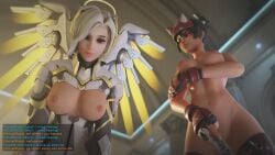 3d angela_ziegler blizzard_entertainment blonde_hair green_hair healer kiriko_(overwatch) kiriko_kamori mercy overwatch overwatch_2 virtualxtacy