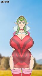 1girls arms_behind_back bare_thighs boots breasts choker cleavage covered_nipples curvy dress female female_only fire_emblem fire_emblem_awakening garter_belt green_eyes green_hair hourglass_figure huge_breasts long_hair looking_at_viewer mature mature_female n92go nintendo outdoors pelvic_curtain pointy_ears ponytail smile solo thick_thighs thigh_boots thighhighs thighs tiki_(adult)_(fire_emblem) tiki_(fire_emblem) voluptuous wide_hips