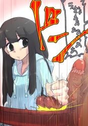 1girls ballbusting bernin black_eyes black_hair censored censored_penis cock cock_and_ball_torture dick eyebrows_visible_through_hair japanese_text long_hair looking_at_penis original penis pointless_censoring precum speech_bubble text text_bubble translation_request