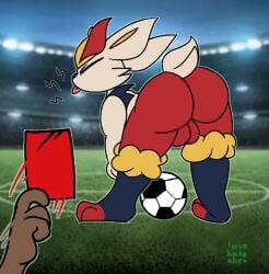 animated anthro ass ball balls bent_over cinderace dark_body dark_skin furry furry_only generation_8_pokemon genitals lovehatealien male male_cinderace nintendo pokemon pokemon_(species) pouting presenting public red_card short_playtime soccer soccer_ball solo sport stadium tight_clothing