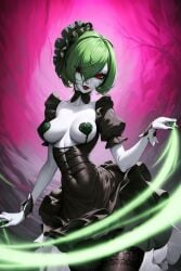 2:3 2:3_ratio absurd_res absurdres ai_generated anthro athletic_female black_choker choker cosplay dress gardevoir garter_belt garter_straps goth goth_girl gothic gothic_lolita green_hair hd hi_res high_resolution highres humanized humanoid hylian_r34 magic mascara nipple_covers one_eye_covered one_eye_obstructed one_eye_visible pale pale-skinned_female pale_skin pokémon_(species) pokemon pokemon_(species) red_eyes red_lipstick tagme thin_waist unstable_diffusion