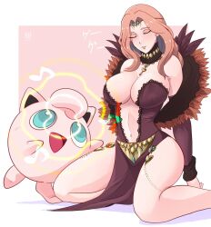 1girls 1other bare_legs bare_shoulders blue_eyes breasts center_opening circlet commission cornelia_arnim crossover female fire_emblem fire_emblem:_three_houses hi_res highres ihsnet jewelry jigglypuff large_breasts musical_note nintendo pink_hair pokémon_(species) pokemon pokemon_(species) purin_(pokemon) singing sleeping