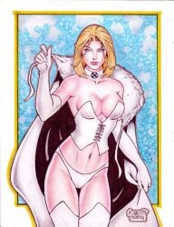 big_breasts blonde_hair blue_eyes bob_cut breasts cape choker cleavage corset elbow_gloves emma_frost lingerie marvel marvel_comics navel panties rodel_martin thighhighs white_queen x-men