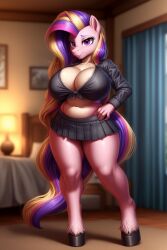 ai_generated anthro bed bedroom cleavage crop_top dyed_hair equine hand_on_breast hand_on_side horn huge_breasts indoors long_hair milf multicolored_hair my_little_pony pink_body pink_fur pleated_skirt pony princess_cadance_(mlp) purple_eyes stable_diffusion standing thick thick_thighs tiara tight_clothing wgenjoyr4539