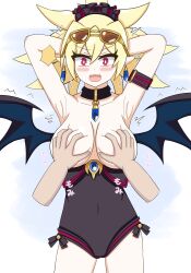 accidental_exposure alternate_version_available arms_behind_head breasts demon_girl demon_wings disgaea disgaea_2 disgaea_rpg exposed_breasts groping groping_breast large_breasts maniwasuiren nippon_ichi_software one-piece_swimsuit rozalin wardrobe_malfunction