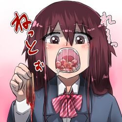 1girls bernin black_pupils cannibalism eyebrows_visible_through_hair eyelashes_visible_through_hair female female_only gore guro long_hair looking_at_viewer male_ryona open_mouth original testicles