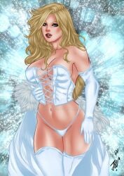 big_breasts blonde_hair blue_eyes breasts cape cleavage corset curvy curvy_female emma_frost female hellfire_club hourglass_figure joe_lima laced_corset lingerie marvel marvel_comics panties thick_thighs thighhighs white_queen x-men