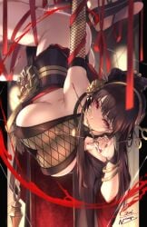 alternate_costume ass assassin bangs black_hair blood breasts cleavage female flower gainoob hair_ornament hairband highres japanese_clothes kunoichi large_breasts long_hair looking_at_viewer ninja red_eyes ribbon sideboob solo spy_x_family stiletto_(weapon) thorn_princess weapon yor_briar