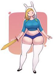 1girls adventure_time adventure_time:_fionna_&_cake backpack bag big_breasts blonde_hair blue_shirt blue_shorts bottom_heavy breasts cartoon_network clothing curvy curvy_body curvy_female curvy_figure curvy_hips curvy_thighs female fionna_and_cake fionna_the_human_girl footwear full_body hbo_max headwear huge_breasts human large_breasts legwear looking_at_viewer pale_skin plump shirt shorts sword thick thick_thighs thigh_highs thighhighs u028 warner_brothers weapon white_legwear white_thigh_highs white_thighhighs wide_hips