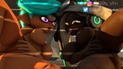 2girls 3d hat lena(inkling) lusty_sfm marina_(splatoon) masturbating masturbation original_character pussy rubbing rubbing_pussy splatoon splatoon_2 tongue yuri