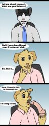 2016 anthro bird_dog black_body black_fur black_text blue_eyes blue_necktie bluekyokitty canid canine canis chair clothed clothing comic dialogue digital_drawing_(artwork) digital_media_(artwork) dildo domestic_cat domestic_dog dress_shirt duo english_text eyebrows facial_hair felid feline felis flat_colors floppy_ears fur furniture gradient_background grey_inner_ear grey_sclera hi_res holding_dildo holding_object holding_sex_toy humanoid_hands humor hunting_dog labrador male male_only mammal necktie on_chair open_mouth pink_clothing pink_dildo pink_nose pink_shirt pink_tongue pink_topwear retriever sebdoggo sex_toy shirt simple_background sitting sitting_on_chair speech_bubble text tongue topwear white_body white_clothing white_fur white_shirt white_topwear yellow_body yellow_fur