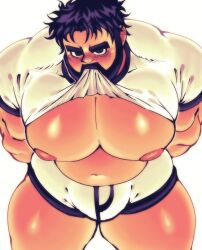 1boy backupcardd bara bara_tiddies bara_tits big_chest black_hair bulge capsulecomputrz facial_hair flirting flirting_with_viewer gay huge_chest inverted_nipples lifting_shirt male male_only presenting_breasts presenting_chest presenting_pecs shirt_in_mouth solo solo_male vibriicapsule2