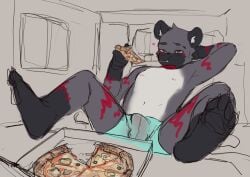 black_fur bulge eating eating_food feet foot_fetish furry horny no_shirt no_shoes nyah_hyena pants pizza