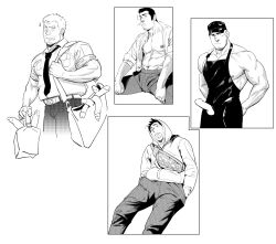 4boys abs apron aracnee26 bag bara bare_pectorals baseball_cap belt bulge collared_shirt dildo erection erection_under_clothes facial_hair greyscale hat highres hood hood_up hooded_jacket jacket large_pectorals monochrome multiple_boys muscular muscular_male navel necktie nipples one_eye_closed open_clothes open_mouth open_shirt original pants pectorals penis sex_toy shirt short_hair shoulder_bag testicles