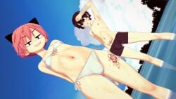 2boys 3d 3d_(artwork) booty_shorts bulge_through_clothing crossdressing femboy hooni_(suicide_boy) koikatsu lee_hoon looking_at_viewer looking_down male_only midriff navel parkgee pink_hair pinkdonass presenting pubic_tattoo seductive_pose smug suicide_boy swimsuit swimwear